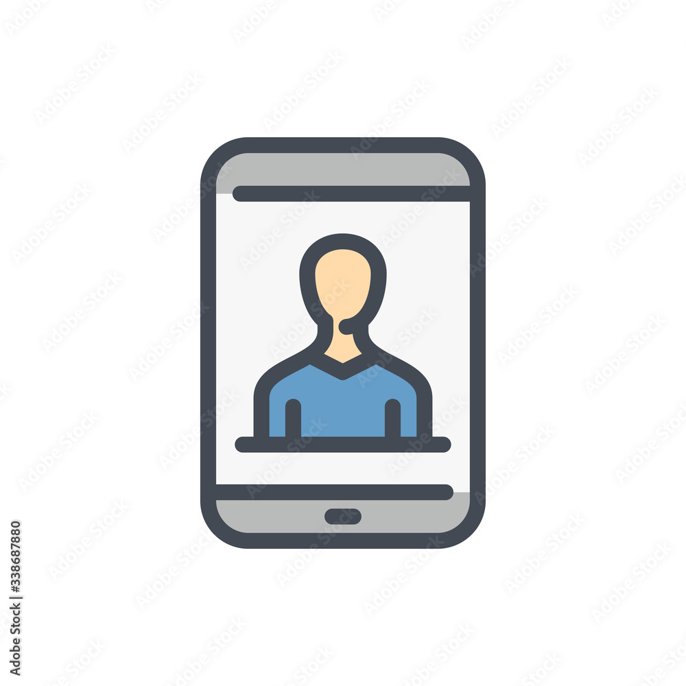 Poster user profile color line icon. mobile phone with person vector outline colorful sign.