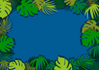Fototapeta na wymiar Green Tropical Leaves on Blue Background with Shadows - Graphic Design for Your Summer or Holiday or Travel Illustration, Vector