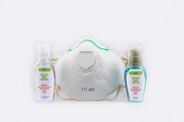 Alcohol gel and surgical mask on white background for anti virus and bacteria, Alcohol gel to make hands cleaning and clear germ, bacteria,corona virus