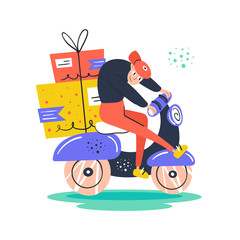 Man driving on delivery scooter.Mail, box, delivery. Post. Fast service.. Fast shop service.  Coronavirus pandemic self isolation, protection. Flat colourful vector illustration, art.