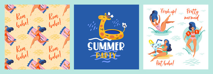 Run babe. Fresh up. Pretty mermaid. Hot babe. Rubber giraffe. Summer seaside beach pool party. Hot weather, holidays, Set of postcards. Flat colourful vector illustration isolated on blue background