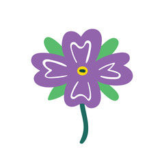 Naklejka premium Little purple wildflower. Flora design elements. Wild life, nature, blooming flowers, botanic. Flat colourful vector illustration icon sticker isolated on white background.