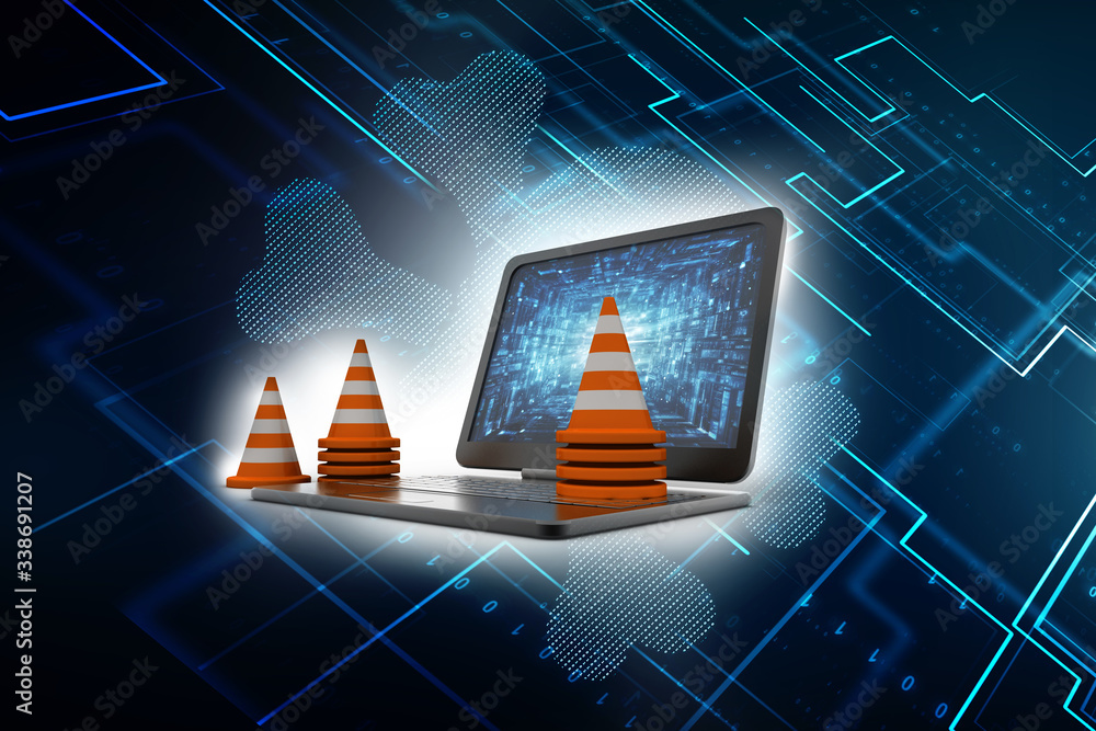 Aufkleber 3d rendering traffic cone network with laptop