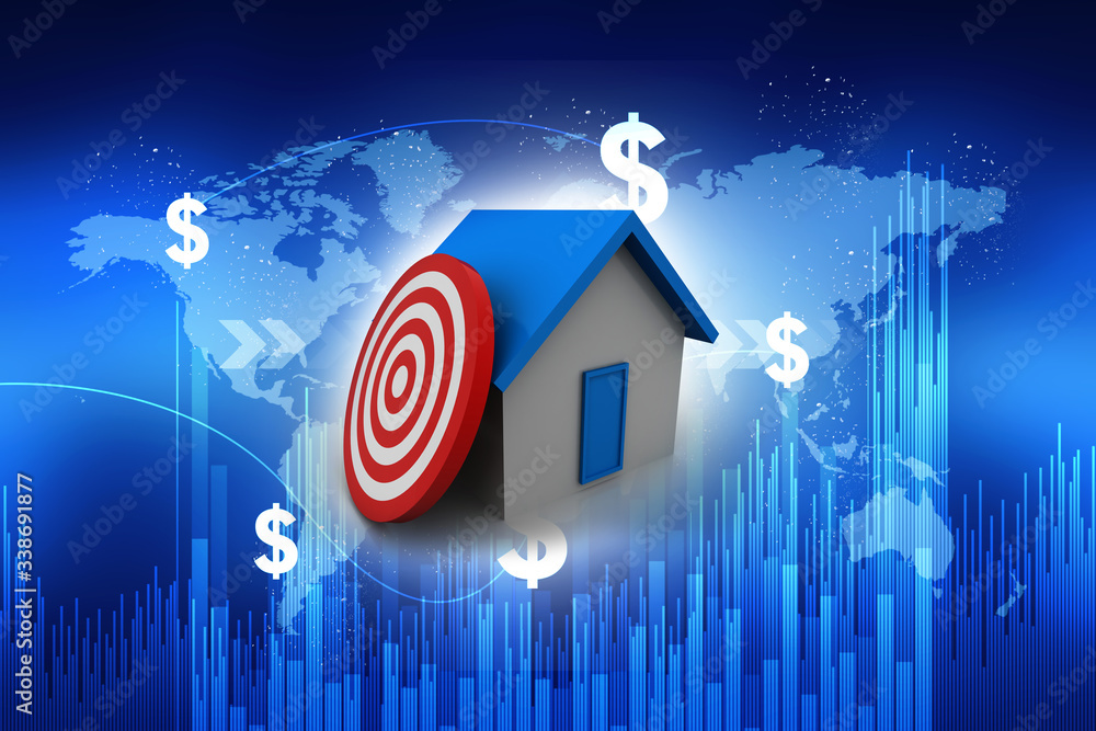 Poster 3d rendering house and red darts target