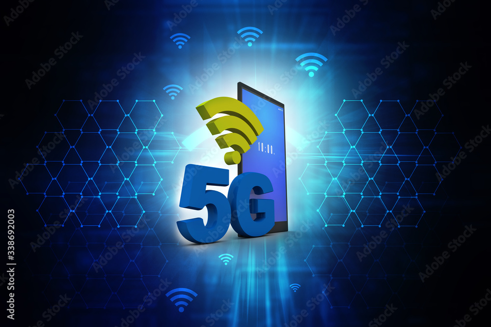Poster 3d rendering 5g network mobile with data