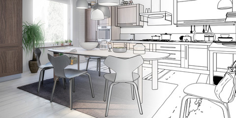 Kitchen Area with Dining Room Integration (panoramic concept) - 3d visualization