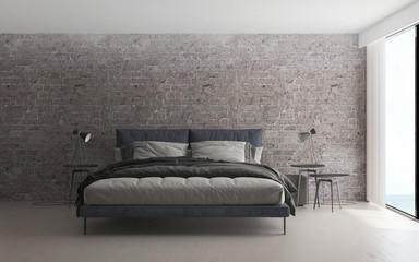 The minimal bedroom interior design concept and brick wall background