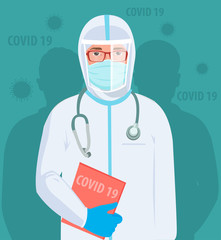 Doctor in protective clothes during coronavirus pandemic. Epidemic of coronavirus covid 19. Fighting and stop Spread of Covid-19 (corona virus) outbreak emergency concept flat vector illustrations.