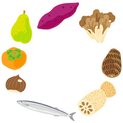 秋の食材　野菜と果物と魚　フレーム