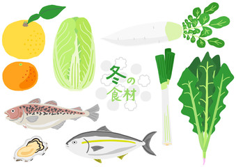 冬の食材　野菜と果物と魚　セット