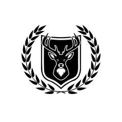 Deer head with antlers on shield icon isolated on white background. Hunting trophy on wall sign