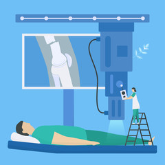 This medical scanning is x-ray. Doctor checks broken leg of human body, A workflow part of patient care. Flat design in minimal tiny style.