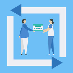 Sick person sends back patient card to medical receptionist. It is information summaries customized to physicians in practice. It is easy to simplify access data. Workflow concept.