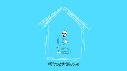 muslim man sitting praying at home inside a home symbol simple hand drawn design style minimal vector illustration