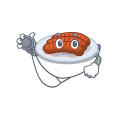 Grilled sausage in doctor cartoon character with tools