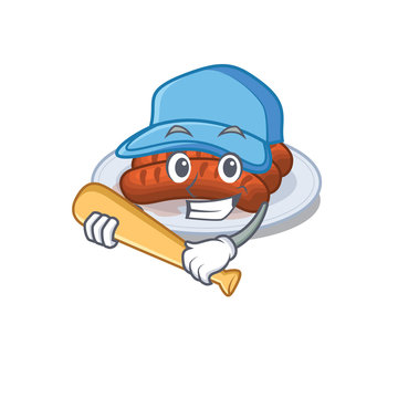 Picture of grilled sausage cartoon character playing baseball