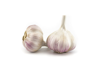 Garlic bulbs in close-up on white background