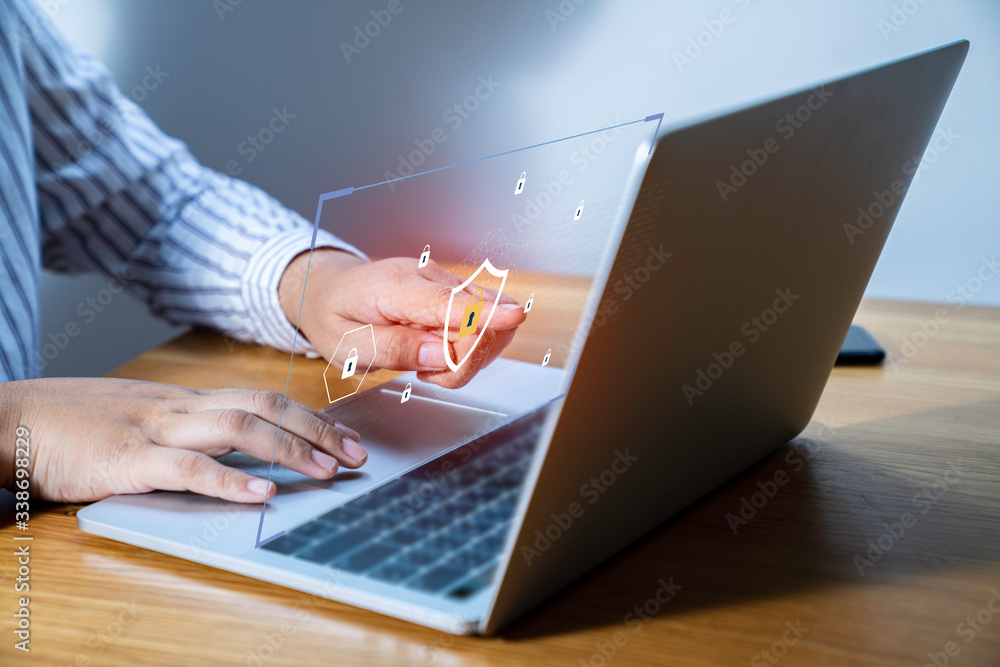Poster laptop computer with data protection, cyber security, information safety and encryption concept. int