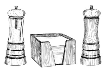 Salt, pepper, and a napkin holder. Wood texture. Kitchen utensils. Serving. Graphics. Engraving. Hand drawn