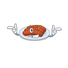 Cartoon design concept of grilled sausage with funny wink eye
