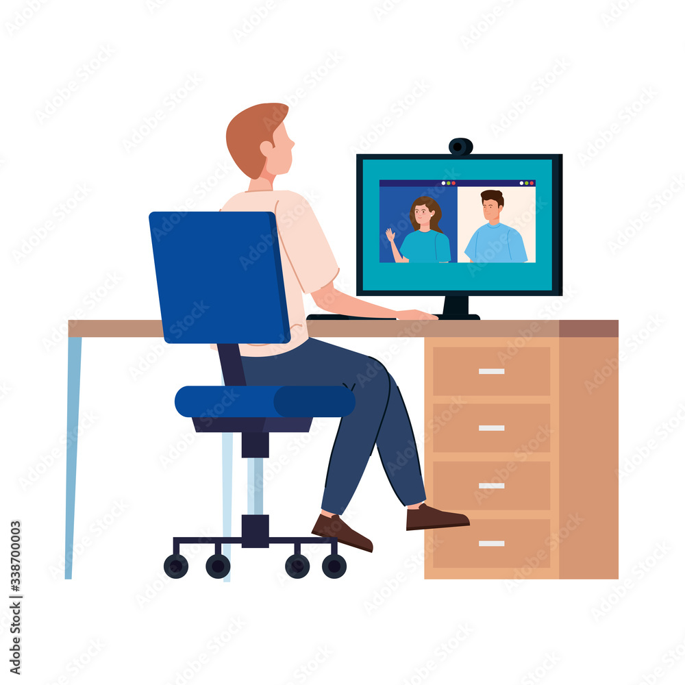 Poster man in video conference with computer in workplace vector illustration design