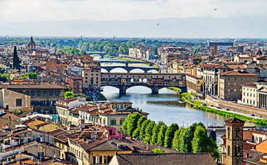 Fototapeta na wymiar A view of Ponte Vecchio, the oldest bridge in Florence, from The Piazzale Michelangelo, Arno River