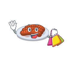 Rich and famous grilled sausage cartoon character holding shopping bags