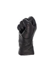 Isolated woman's hand wearing a black leather glove in a fist gesture
