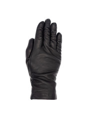 Isolated woman's hand wearing a black leather glove palm down, fingers together, thumb tucked in
