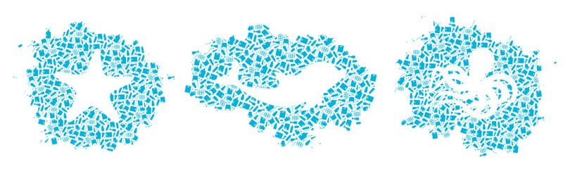 Stop ocean plastic pollution concept vector illustration. Marine animals silhouette cut in plastic trash flat icon spot, isolated on white background. Prevent ocean pollution ecology concept