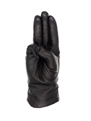 Isolated woman's hand wearing a black leather glove palm up index second and ring fingers together, thumb and little finger tucked in.  Gesture indicating the number three