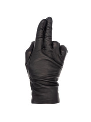 Isolated woman's hand wearing a black leather glove palm down, index and second finger together and pointing, ring and little finger bent. Thumb tucked in