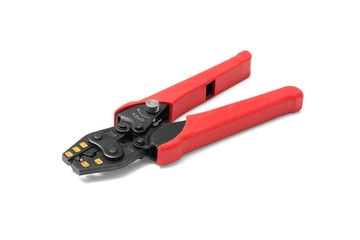 Obraz premium Crimping tool for an electrician on a white background. Press the pliers or pliers for the bushing tips. A tool for an electrician or construction fitter. Isolated 