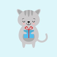 Kawaii sleeping gray cat with gift box, vector illustration