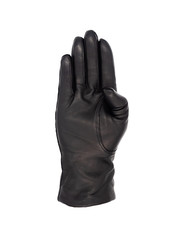 Isolated woman's hand wearing a black leather glove palm up fingers together thumb tucked in