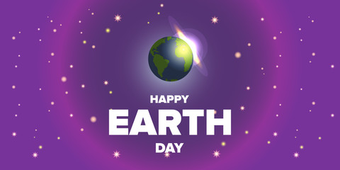 Obraz na płótnie Canvas World earth day horizontal banner with earth globe isolated on violet space background with stars. Vector World earth day concept horizontal illustration with planet isolated on black background