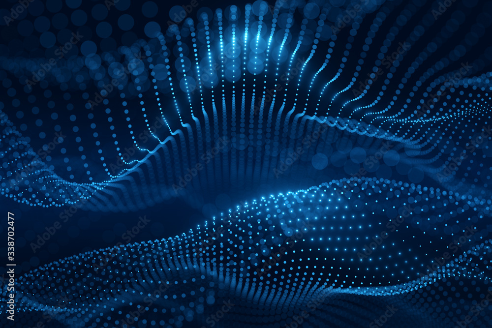 Poster moving neon blue dots pattern forming a digital network connection on dark background