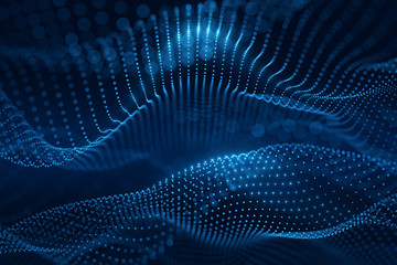 Moving neon blue dots pattern forming a digital network connection on dark background