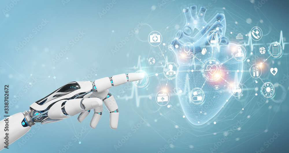 Aufkleber Robot hand using digital x-ray of human heart holographic scan projection 3D rendering