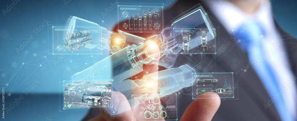 Poster man holding and touching green renewable energy battery 3d rendering