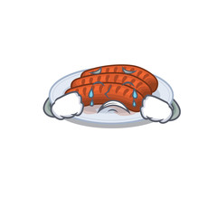 Cartoon character design of grilled sausage with a crying face