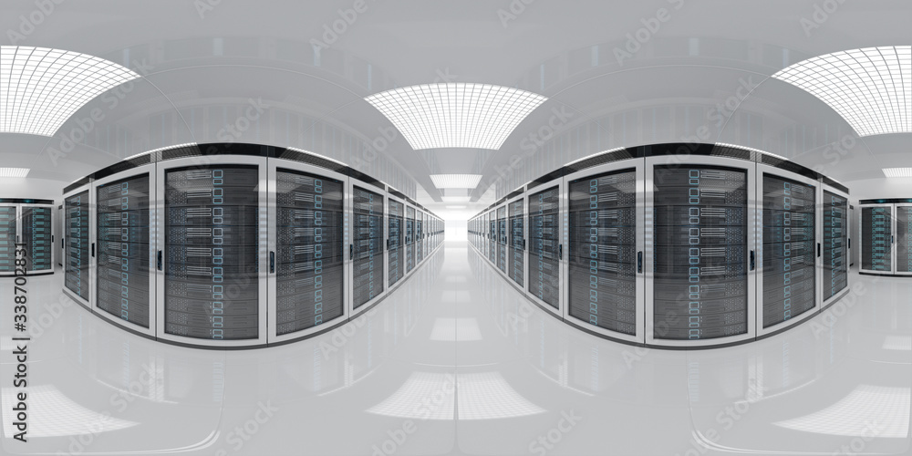 Fototapete High resolution HDRI panoramic view of a server data room center. 360 panorama reflection mapping of a computer storage system interior. 3D rendering