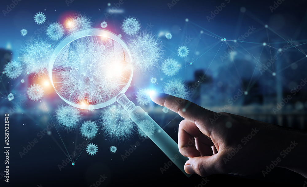 Poster man analyzing holographic coronavirus projection through magnifying glass 3d rendering