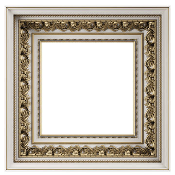 Classic white  frame with golden ornament decor isolated on white background