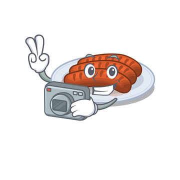 grilled sausage mascot design as a professional photographer working with camera
