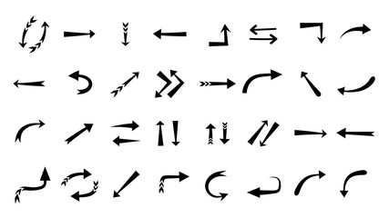 Arrows hand drawn doodle vector set. Sketch arrow design for application, banner, print screen, pen marks, map and typography design guide line.