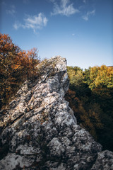 view of a gray stone ledge emerging from the autumn forest against a blue sky. vertical orientation shot.