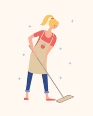 Girl mopping the floor with a MOP. Vector illustration.