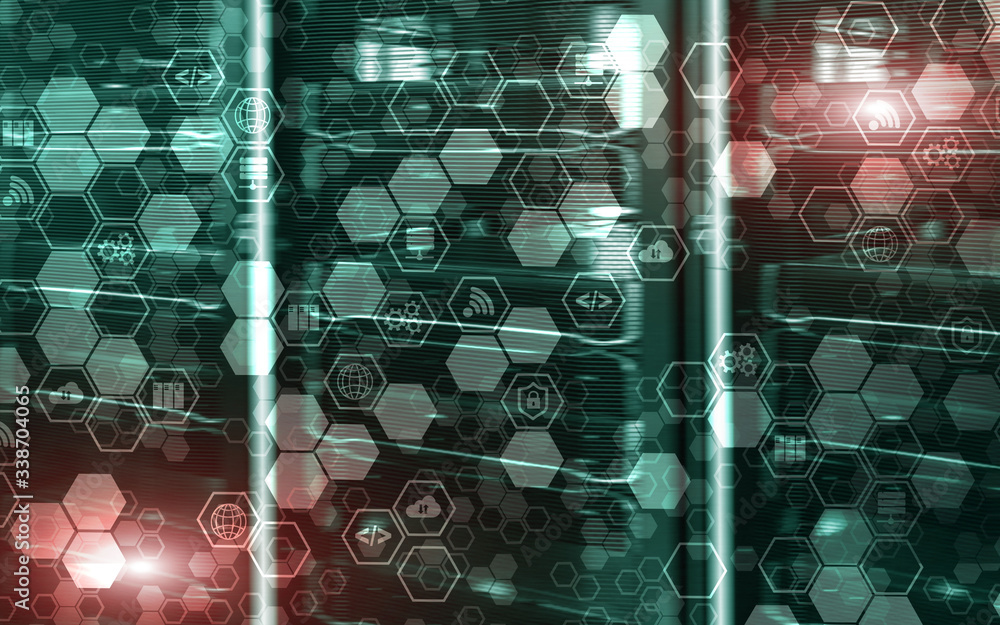 Poster digital internet connection technology concept. icons on server rack room background.