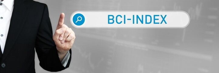 BCI-Index. Mann im Anzug zeigt mit dem Finger auf ein Suchfeld. Das Wort BCI-Index steht in der Suche. Symbol für Business, Finanzen, Statistik, Analyse, Wirtschaft